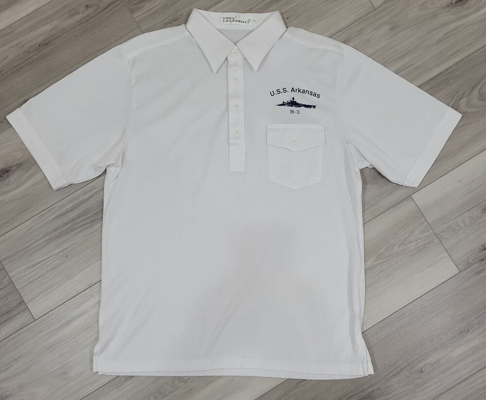Pro Celebrity U.S.S. Arkansas Polo Shirt Men's Large White 4 Buttons